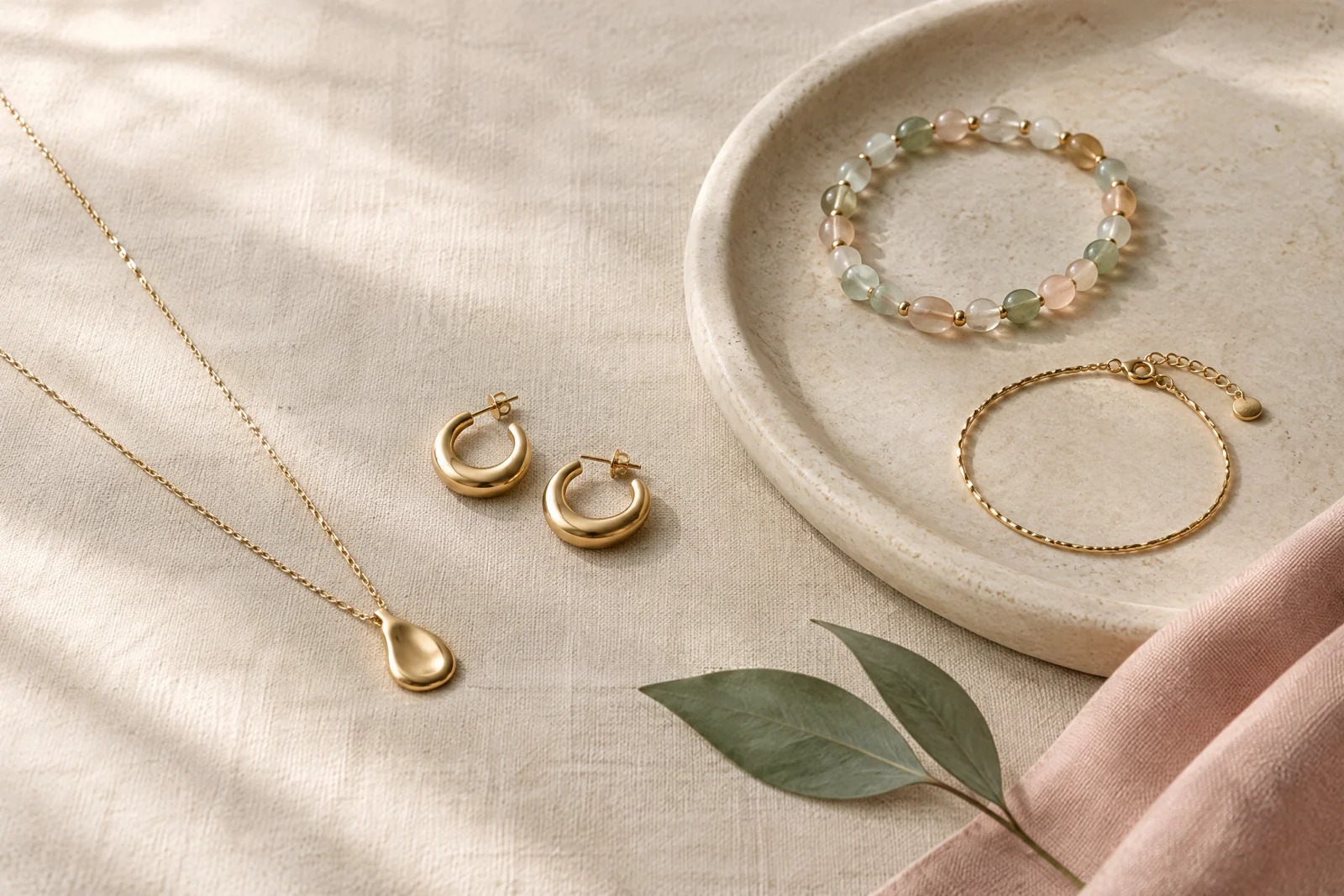 A conceptual gold-tone necklace, hoops, bracelet, and pastel beaded strand arranged on cream linen and a stone tray.