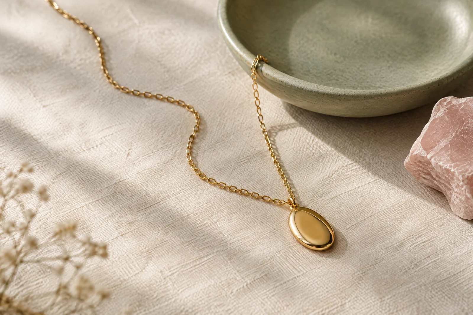 Gold-tone chain necklace with an oval pendant on cream linen beside a sage ceramic dish and blush stone.