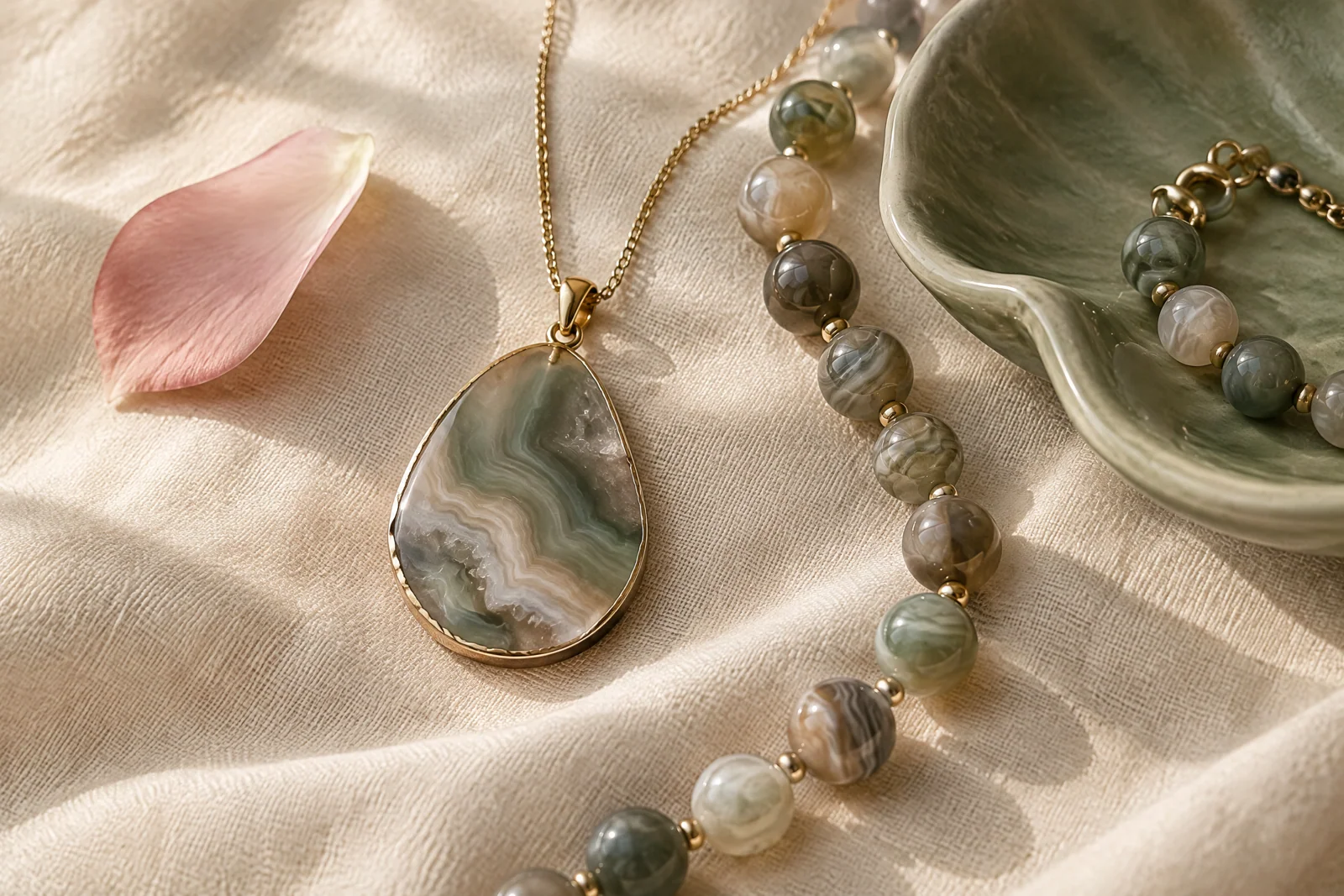 Conceptual agate pendant and rounded beads in muted green, cream, and gray on warm linen beside a sage ceramic dish and blush petal.