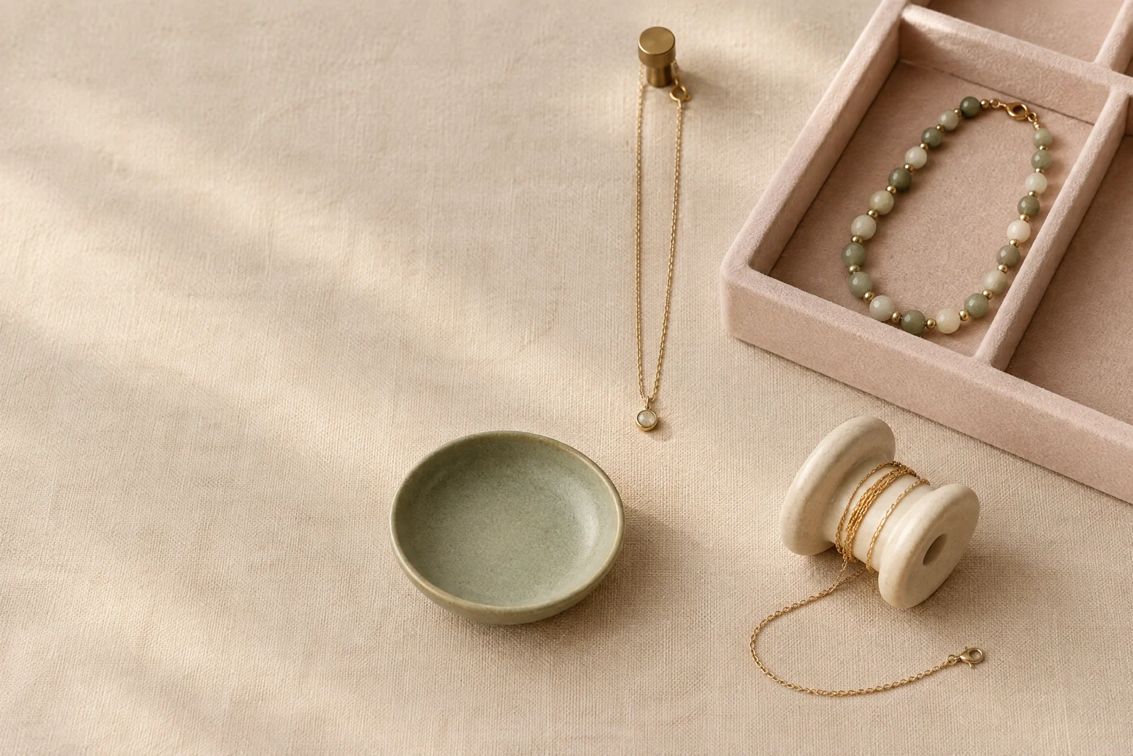 Fine gold-tone necklaces and a sage-and-cream beaded strand arranged separately on linen, ceramic dishes, and a pink divided tray.