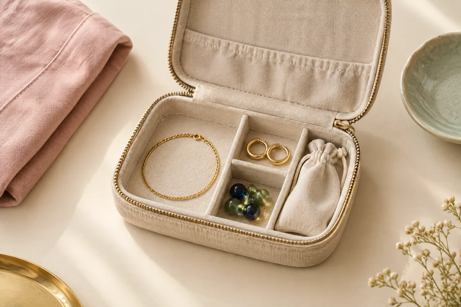 An open cream linen jewelry case with separated gold-tone hoops, a fine chain, blue and sage beads, and a small fabric pouch.