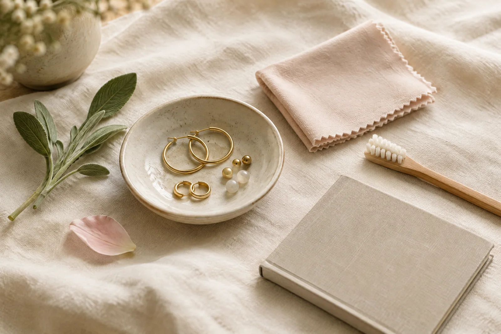 A soft cloth, brush, ceramic dish, and simple jewelry arranged on cream linen for a seasonal at-home checkup.