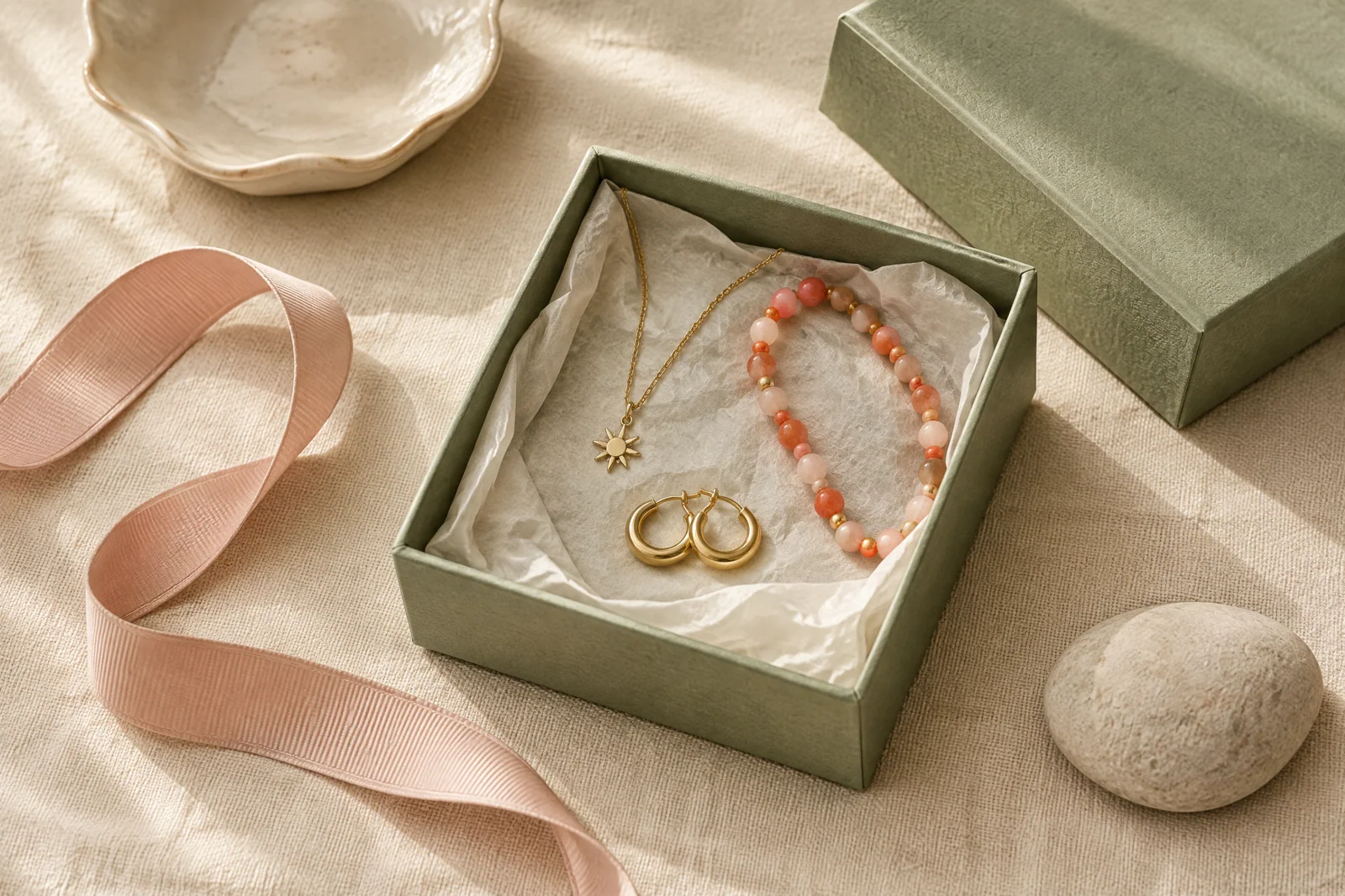 An open sage-green gift box on cream linen holds a gold-tone pendant necklace, coral beads, and small hoop earrings, with a blush ribbon and ceramic dish nearby.