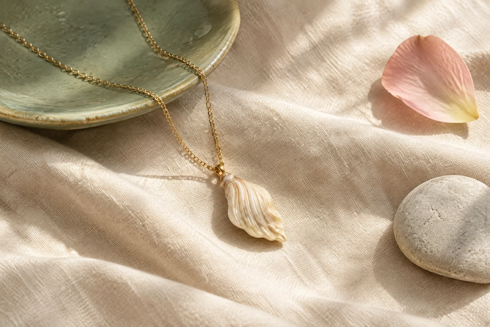 A shell pendant on a gold-tone chain resting on cream linen beside a sage ceramic dish and blush petal.