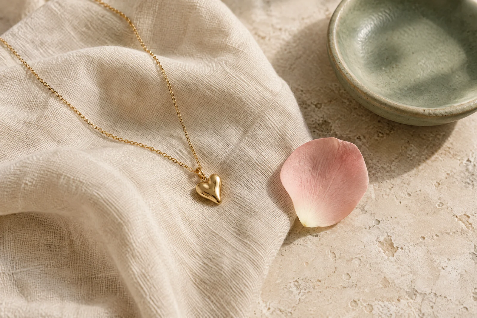 A small gold heart pendant on cream linen beside a blush petal and sage ceramic dish.