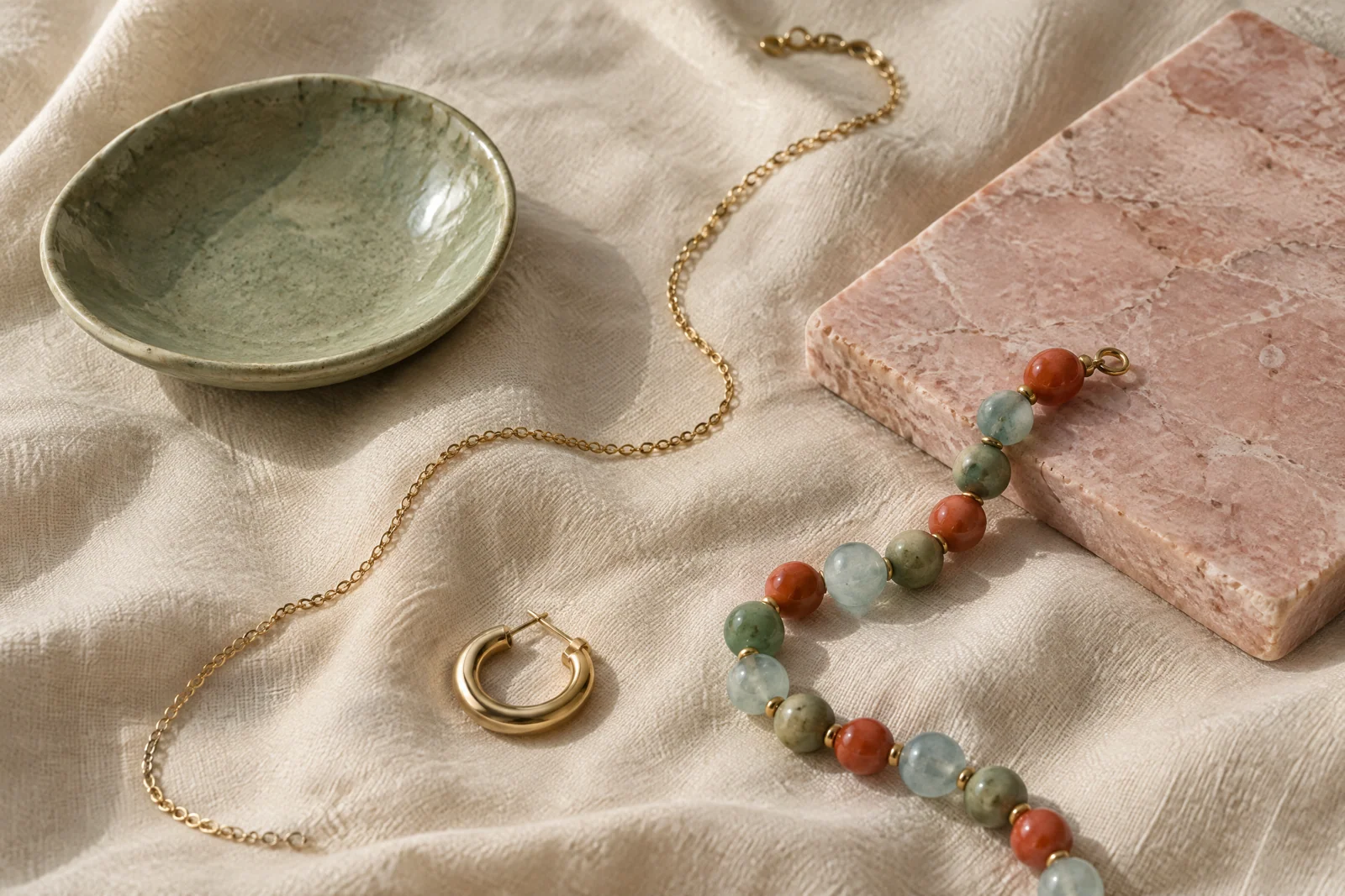 Colorful beaded jewelry, a gold chain and hoop arranged on cream linen with sage ceramic and blush stone.
