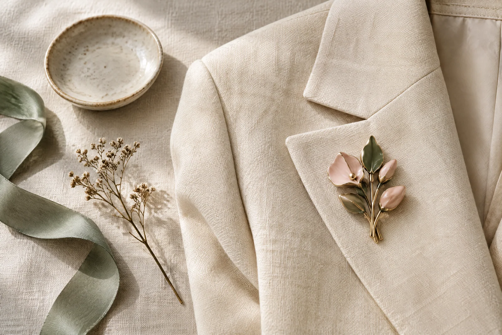 A conceptual blush-and-sage floral brooch pinned to a cream linen blazer beside a ceramic dish and sage ribbon.