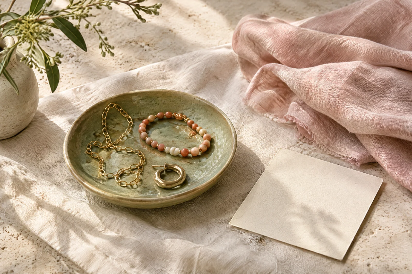 Favorite jewelry arranged in a sage ceramic dish on cream linen beside a blush scarf.